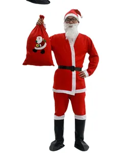 Professional adult Santa Claus costume set including red velvet suit and gift sack