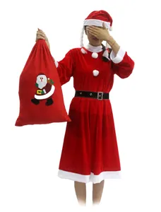 Adult red velvet Santa Claus costume for women including matching hat and festive gift bag