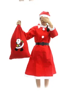 Women's red velvet Santa costume dress including black belt, hat and gift bag accessory