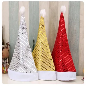 A group of sparkling sequined Christmas hats in shiny silver, gold, and red colors