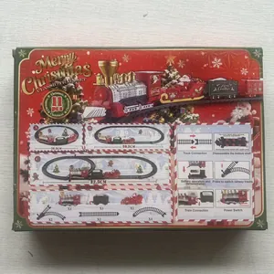 Umfassende Ansicht der Verpackung des klassischen Weihnachtszug-Sets mit Schienenmaßen und Teilen