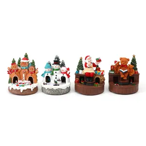 Set of 4 Christmas resin rotating musical box ornaments with Santa and Snowman themes
