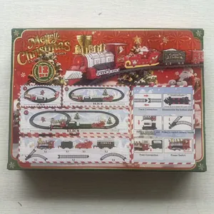 Rückseite der Weihnachts-Spielzeugzugverpackung mit Gleisabmessungen und Anleitung