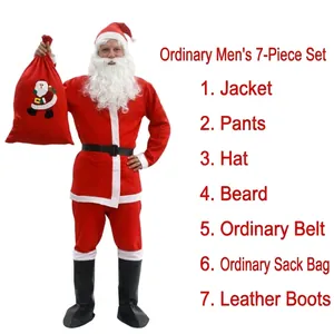 Complete 7-piece Santa Claus costume set for men including beard and gift sack