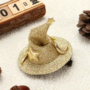 Gold glittery witch hat hair clip for kids Halloween decorations and festive costumes