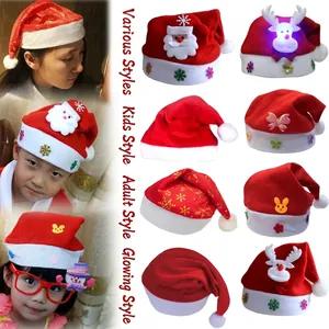 Red Christmas hats for adults and kids with Santa, reindeer and LED glowing features