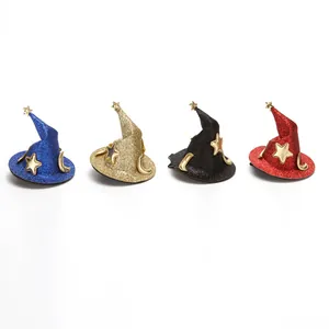 Set of four glitter witch hat hair clips in blue gold black and red for Halloween