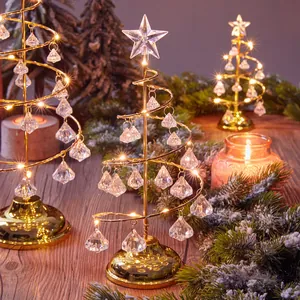 Spiral metal Christmas tree night light with crystal pendants and warm LED glow