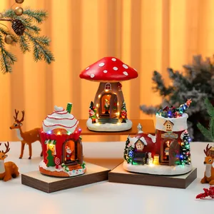 Hand Painted Resin Christmas Music Box LED Glowing House Ornament Mushroom Boot Cake Design Holiday Home Decoration Gift