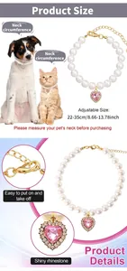Collana di perle regolabile per animali con pendente a cuore in strass lucido