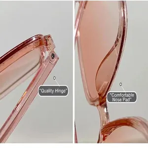 Detail van de scharnieren en neuspads van deze trendy roze zonnebril voor dames.