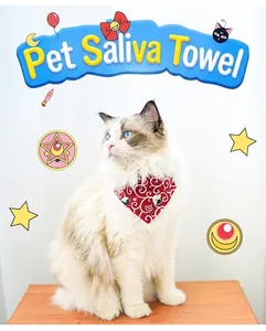 Close-up of a fluffy Ragdoll cat wearing a red patterned pet bandana triangle scarf.