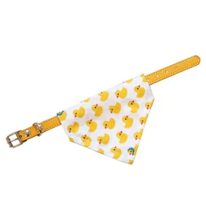 Adjustable cute cat and dog collar bandana with yellow duckling pattern and metal buckle.