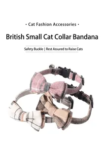 Three British style plaid cat collars featuring elegant bowties and safety bells