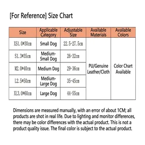 Comprehensive size chart for pet collars and bandanas showing dimensions for all breeds