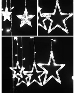 Vista macro delle luci a corda a forma di stella di Natale a LED bianche e luminose