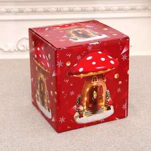 Creative Christmas resin glowing mushroom house music box in festive red packaging box
