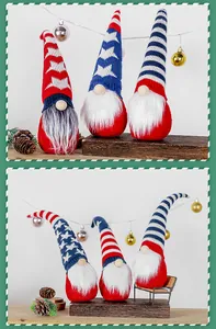 Group of patriotic gnomes with American flag patterned hats on wooden stands for home decor