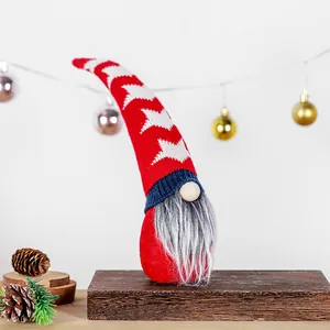 Patriotic faceless gnome plush doll featuring a star pattern hat on a rustic wooden stand