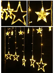 Luci a stringa per tende a stella LED bianco caldo per decorazioni natalizie.