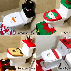 Christmas Toilet Seat Cover Set Brushed Fabric Santa Snowman Reindeer Elf Bathroom Decor Toilet Lid Tank Cover With Rug