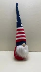 Handmade patriotic American flag themed gnome plush doll featuring a long knitted star hat