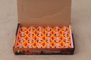 24-piece orange LED pumpkin tea light candles in a Happy Halloween themed display box