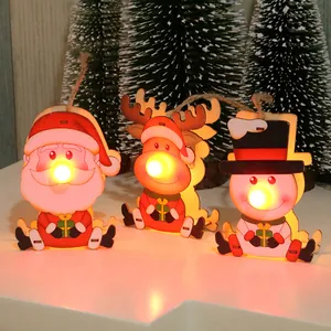 Wooden Christmas LED hanging ornaments featuring Santa, Reindeer, and Snowman