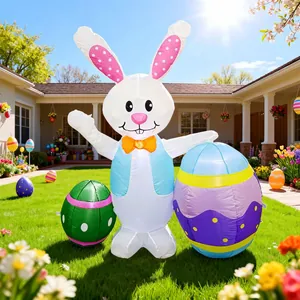 Large inflatable Easter bunny decoration with colorful eggs on a bright sunny lawn