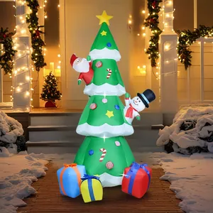 Grand Sapin de Noël Gonflable Avec Père Noël Grimpant et Bonhomme de Neige Lumières LED Intégrées Décoration de Jardin Extérieur Gonflable en Polyester Ornement de Fête