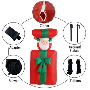 Inflatable Santa in Christmas gift box with LED lights and accessories for garden decor