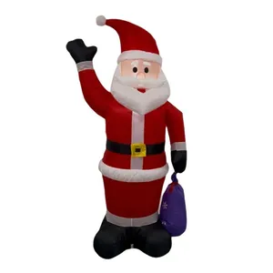 Large inflatable Santa Claus decoration with purple gift bag and LED lights for Christmas