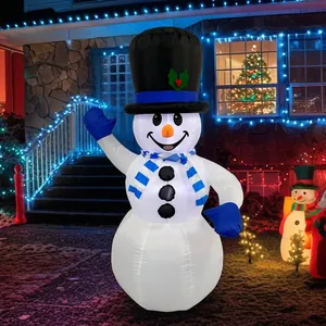 Large inflatable snowman with blue scarf and black hat for outdoor Christmas decor.