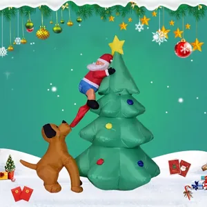 Tall Inflatable Christmas Decoration Outdoor Santa Claus Climbing Tree Bitten by Dog Funny Lawn Ornament LED Light Polyester Holiday Display