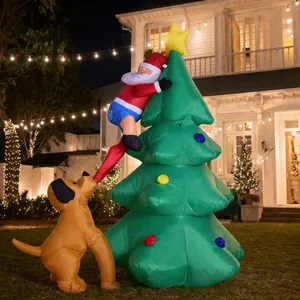 1.8m inflatable Christmas decoration featuring Santa climbing a tree with a playful dog