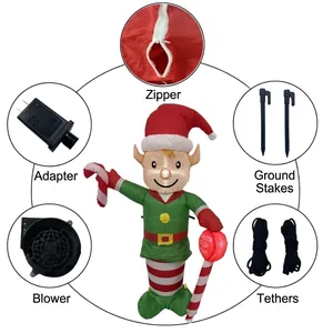 Detail view of inflatable Christmas elf accessories: adapter, blower, and stakes.