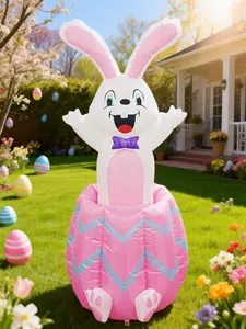 Easter inflatable bunny popping out of a colorful egg in a beautiful sunny garden