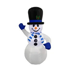 Giant inflatable Christmas snowman with black top hat, blue scarf and mittens for yard
