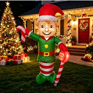 Christmas Inflatable Elf Holding Candy Cane Santa Stop Here Sign Built-in LED Lights For Outdoor Garden Yard Party Holiday Decor