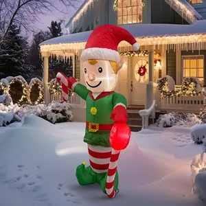 Lighted inflatable Christmas elf holding a candy cane for festive outdoor yard decoration