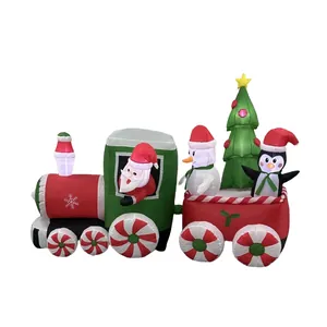 Large Christmas inflatable train with Santa Claus, Snowman, and Penguin for outdoor garden décor