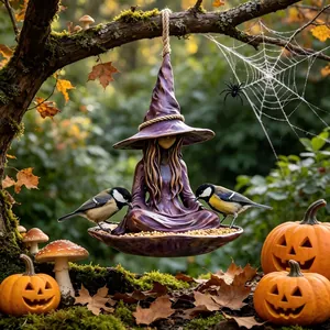 Dettaglio della mangiatoia per uccelli strega in una scena di Halloween con zucche