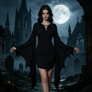 Gothic black Halloween mini dress featuring a lace-up front and dramatic bat-wing sleeves