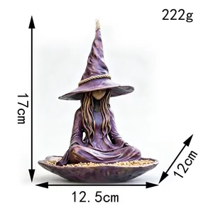 Mangiatoia per uccelli a forma di strega in resina viola per Halloween con misure 17 cm