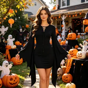 Black Halloween mini dress with dramatic batwing sleeves and lace-up neck in festive garden