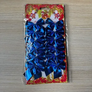 Set of 12 blue metallic mini Christmas bows for tree DIY decoration packaged on card