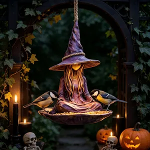 Dettaglio mangiatoia per uccelli strega in resina per decorazioni da giardino di Halloween