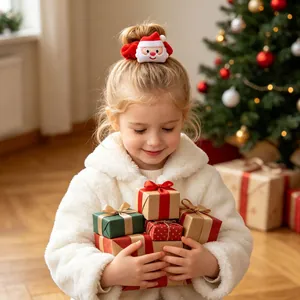 Detail van een schattige pluchen kerstman-scrunchie gedragen door een klein meisje