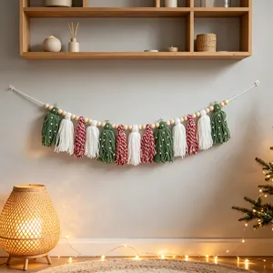 Christmas tassel garland with wood beads and yarn trees in a cozy home setting