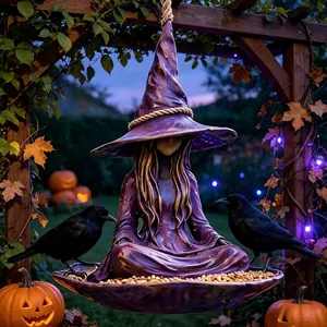 Dettaglio di una mangiatoia per uccelli strega in resina viola con corvi per Halloween